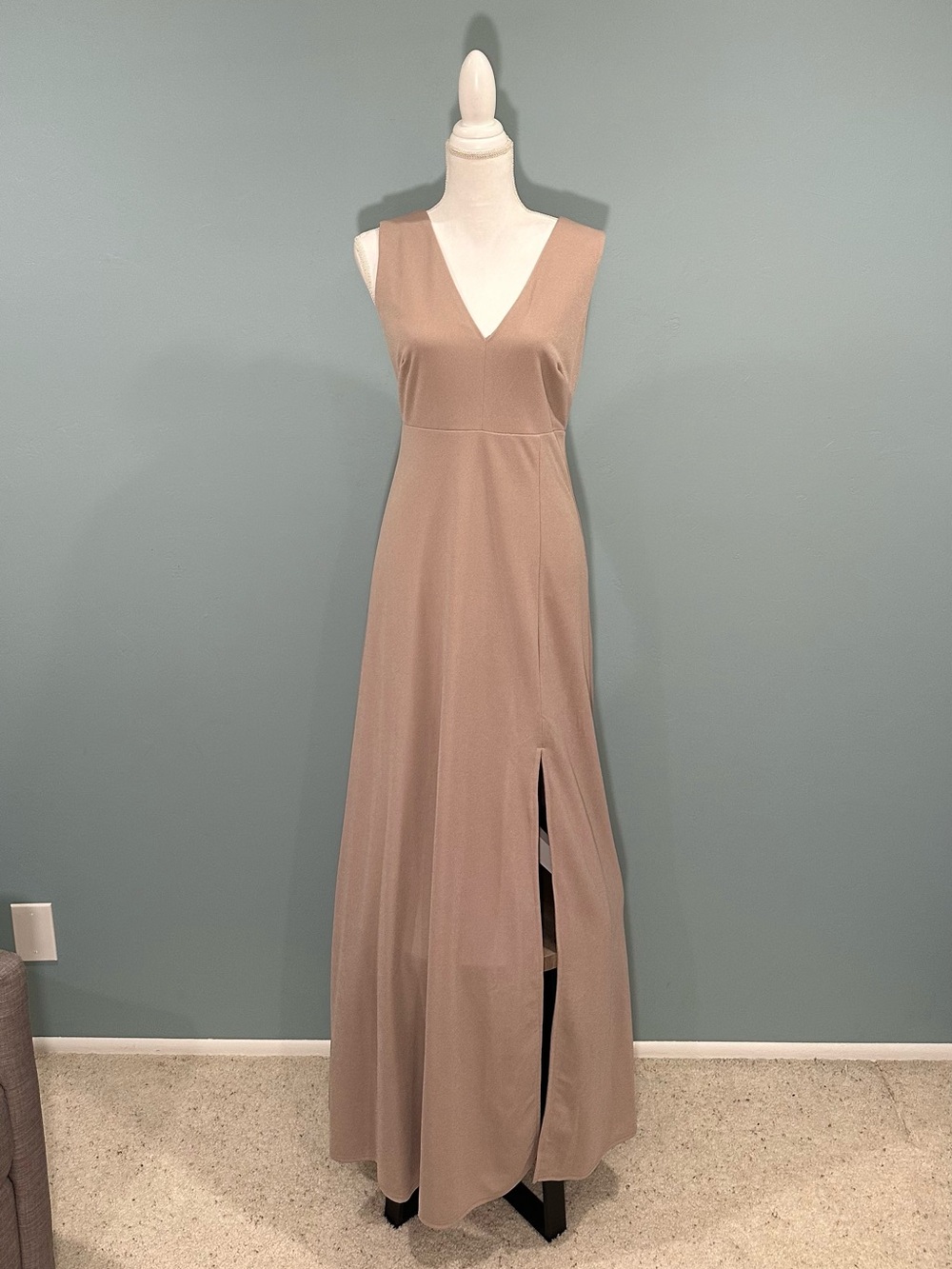 Birdy Grey Shamin Taupe Crepe Bridesmaid Maxi Dress Size L NWT